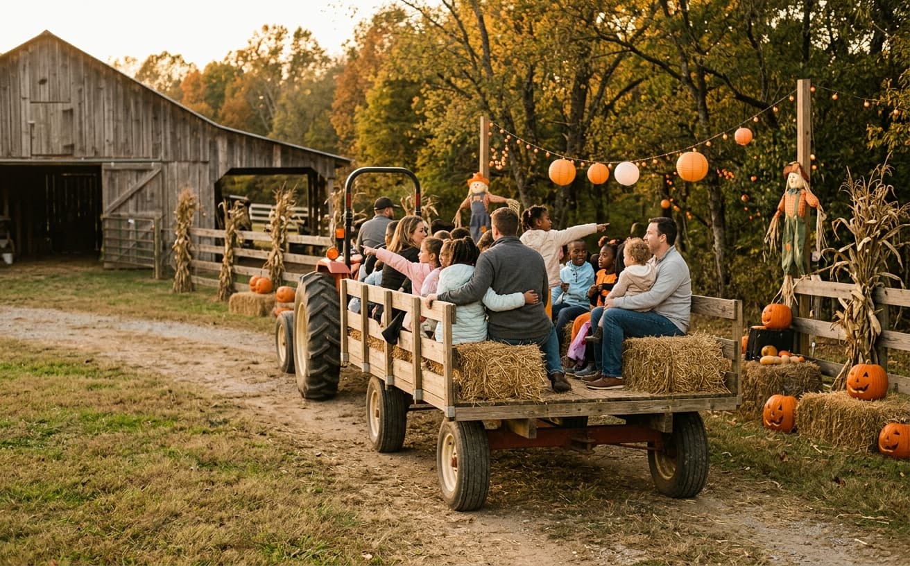 Families on a hay ride pulled by a tractor past a barn, with jack-o'-lanterns, scarecrows and paper lanterns along the fence