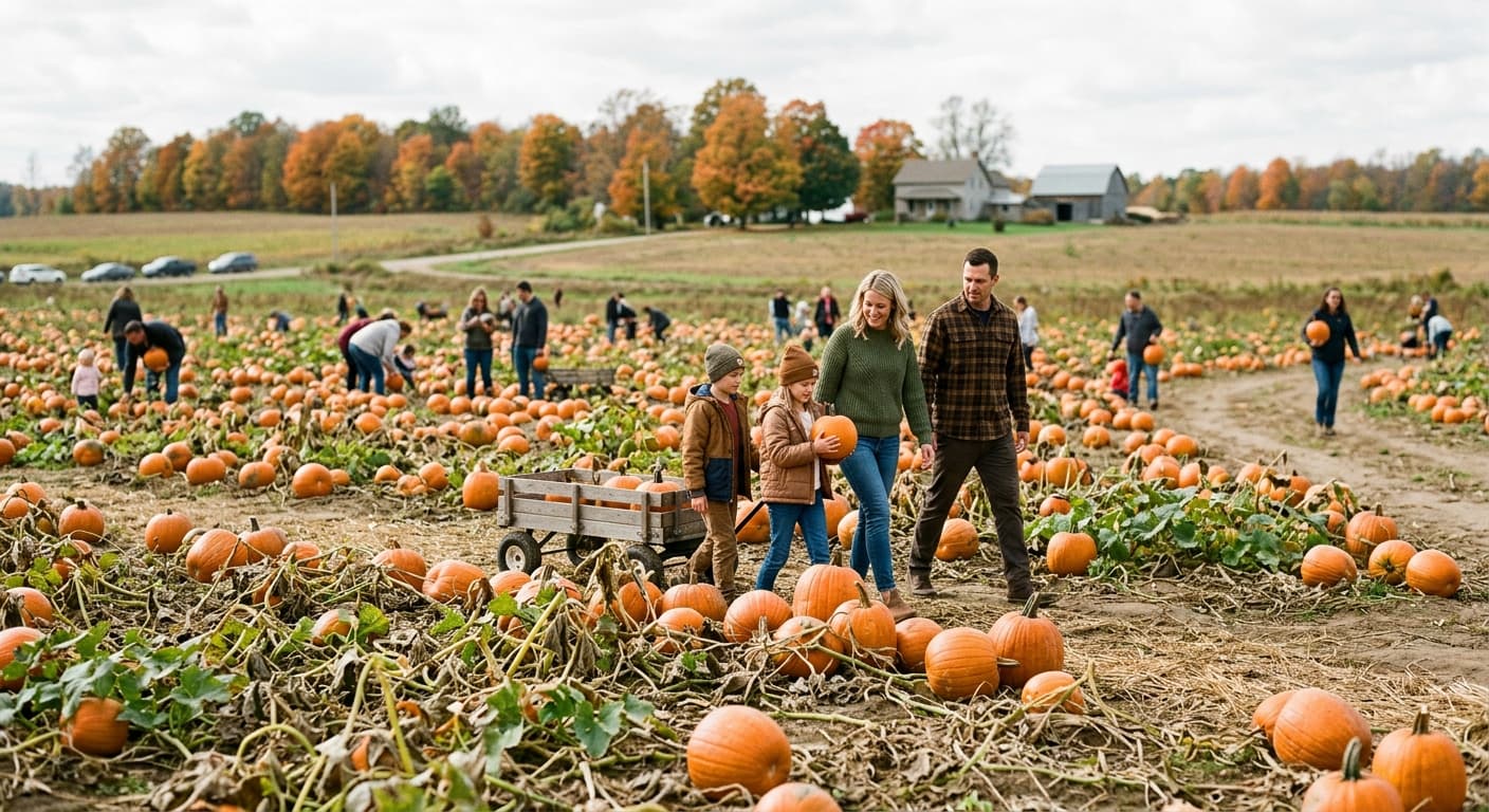 A family of four carrying pumpkins to a wagon across a wide pumpkin field, other families picking around them and autumn trees behind