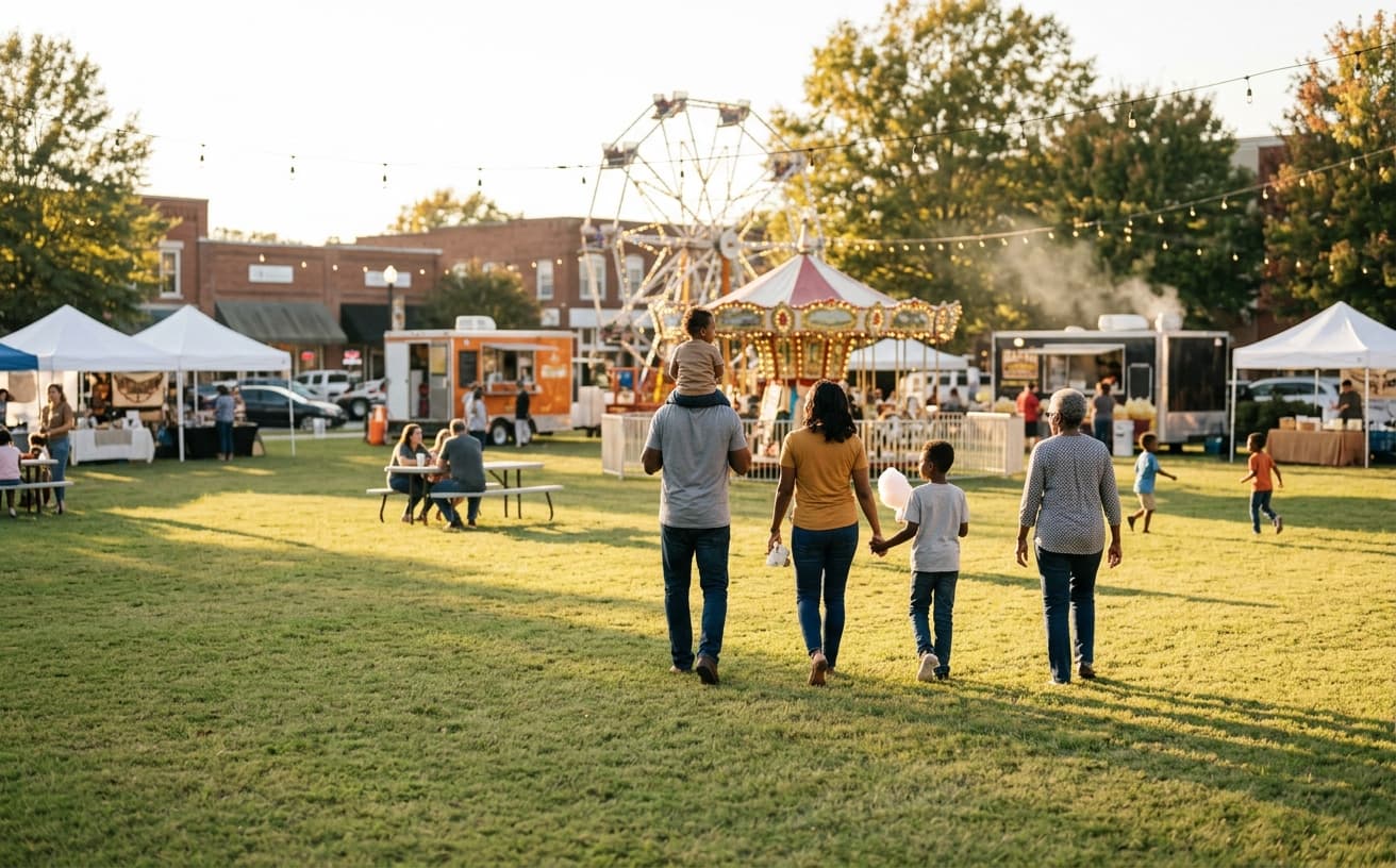 A family walking across the grass toward a small-town fair, a Ferris wheel and carousel behind the food tents