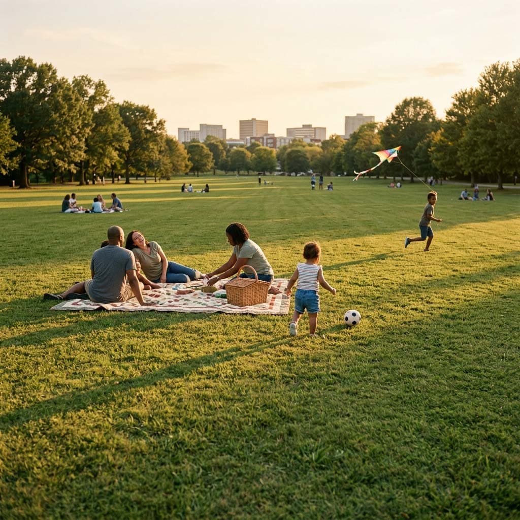 Families on a park lawn at golden hour, a kite up and the city skyline behind