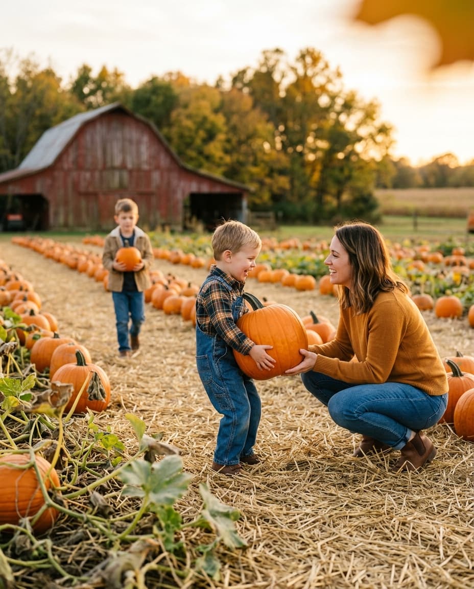 A mother crouching to help her young son lift a pumpkin at a pumpkin patch at golden hour, a red barn behind them